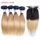 MOGULHAIR 50 гшт. 4 пряди с кружевной застежкой 4x1 средняя часть 1B 27 Омбре медовый светлый прямой Remy человеческие волосы, короткий стиль