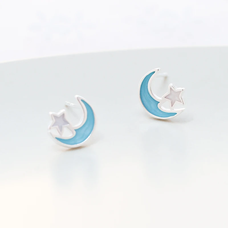 

Sweet Style Silver Color Moon Star Stud Earrings Blue Drop Glaze Cute Moon Star Earrings For Women Teen Girls Friends Gift