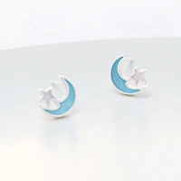 sweet style silver color moon star stud earrings blue drop glaze cute moon star earrings for women teen girls friends gift