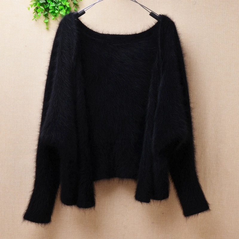 

ladies women fashion plush black mink cashmere knitted short style cropped cardigan angora fur autumn winter jacket coat sweater