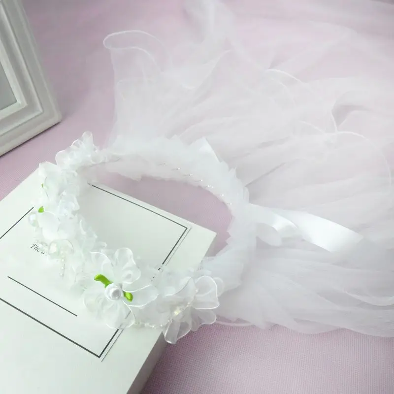 

Children Girls Princess Hairband Double Layers Tulle Veils Flowers Garland Ruffles Floral Lace Satin Lace Up Ribbon Wreath Chain