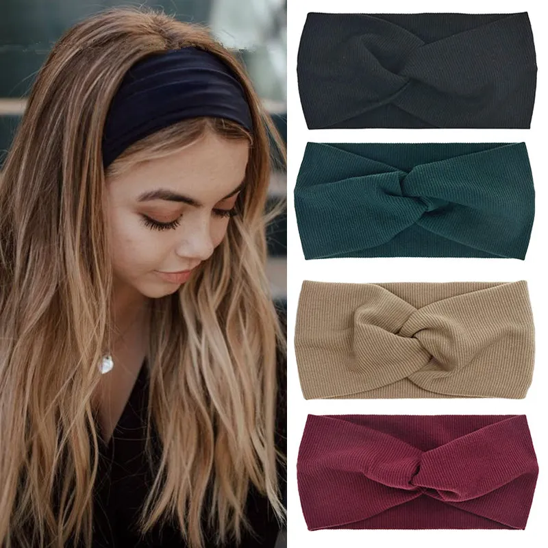 

New Women Headband Elastic Wide Turban Knitted Cotton Hairband Hair Accessories Twisted Knotted Headwrap Fashion Girls Headwear