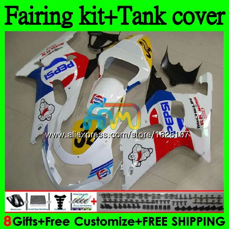 

+ Tank K1 для SUZUKI GSXR-600 GSXR750 GSXR 600 750 Желтый Белый CC 01-03 93BS.AA GSX-R750 GSXR600 01 02 03 2001 2002 2003 обтекатель