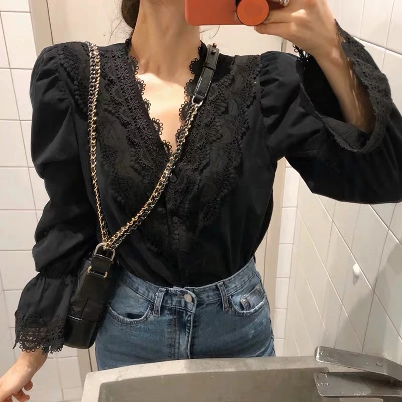 2020 весеннее Новое поступление Женская кружевная рубашка в Корейском стиле с v