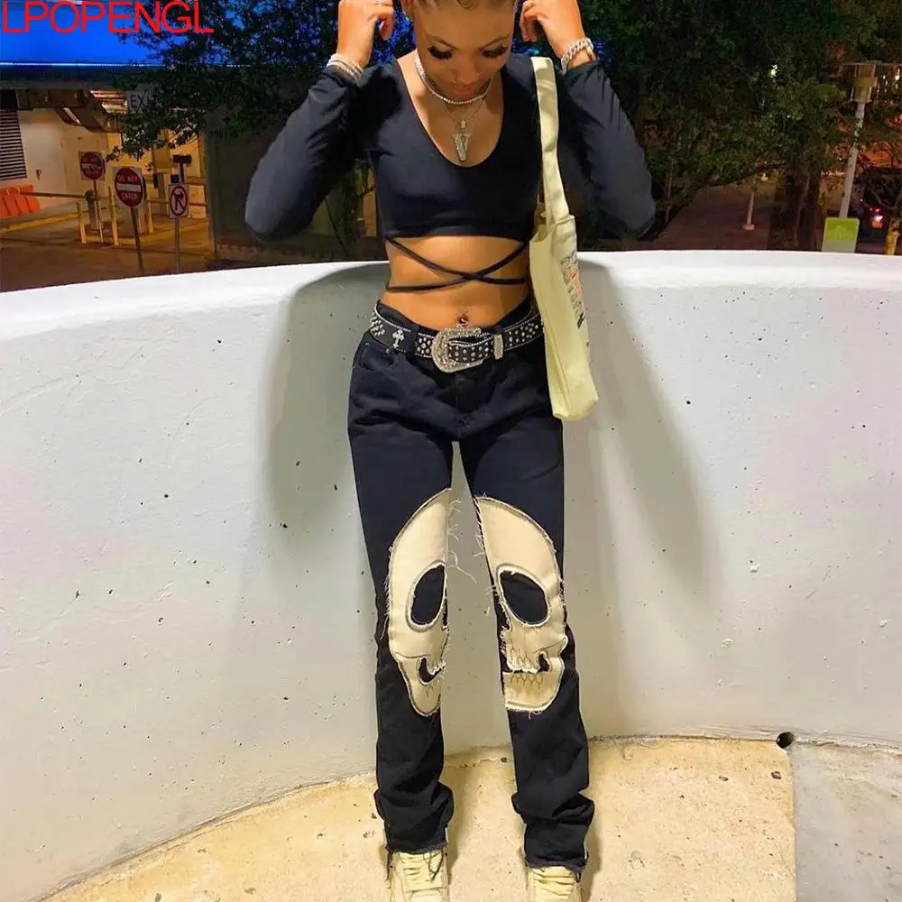 

Skeleton Patterned Mid Waist Jeans Streetwear Women Black Denim Trousers Cyber Y2k Goth Pants 2021 Zip Up Women Vintage Jeans