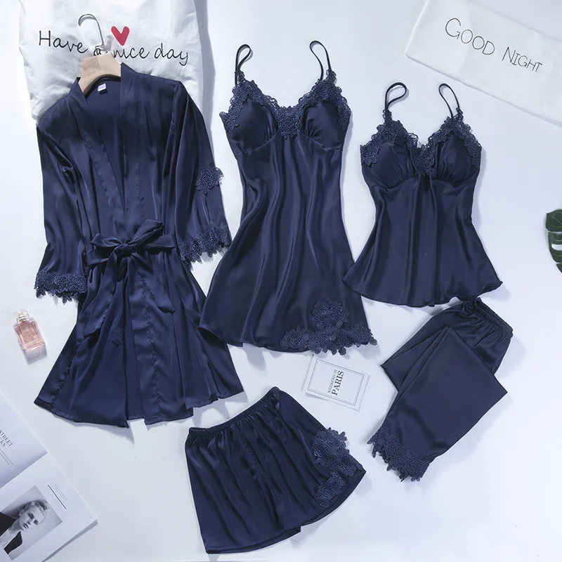 

Women Kimono Bathrobe Gown New Satin Nightdress Sleepwear Intimate Lingerie Lace Patchwork Homewear Nightwear