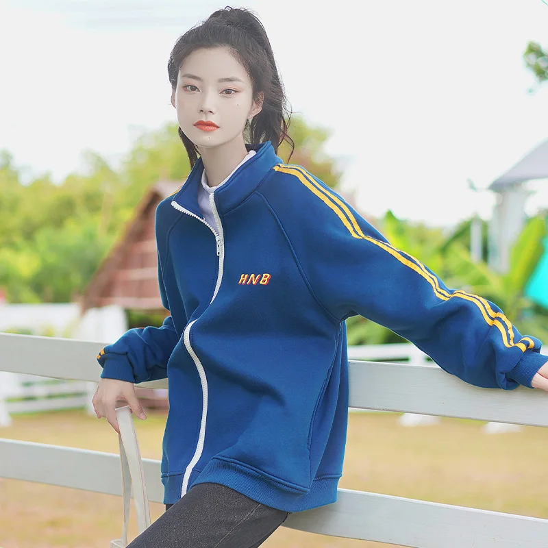 

Chic Khaki Autumn and Winter 2020 New Loose Thick Sweater Women's Striped Cardigan Letter Jacket Stitching Student Coat