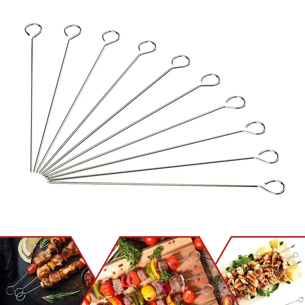 

10PCS BBQ Skewers Stainless Steel Kebab Barbecue Grilling Sticks Accessories 30cm Healthy And Harmless Reusable BBQ Sticks
