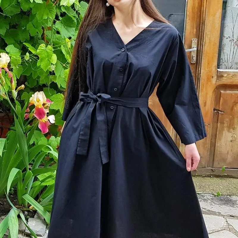 GOOHOJIO New 2020 Women Dresses Spring Summer Cotton and Linen Elegant Pleated Long White V Neck Lace Up Bow One Size | Женская одежда