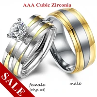 couple rings women white crystal rhinestones rings set men stainless steel ring wedding jewelry gifts for lover