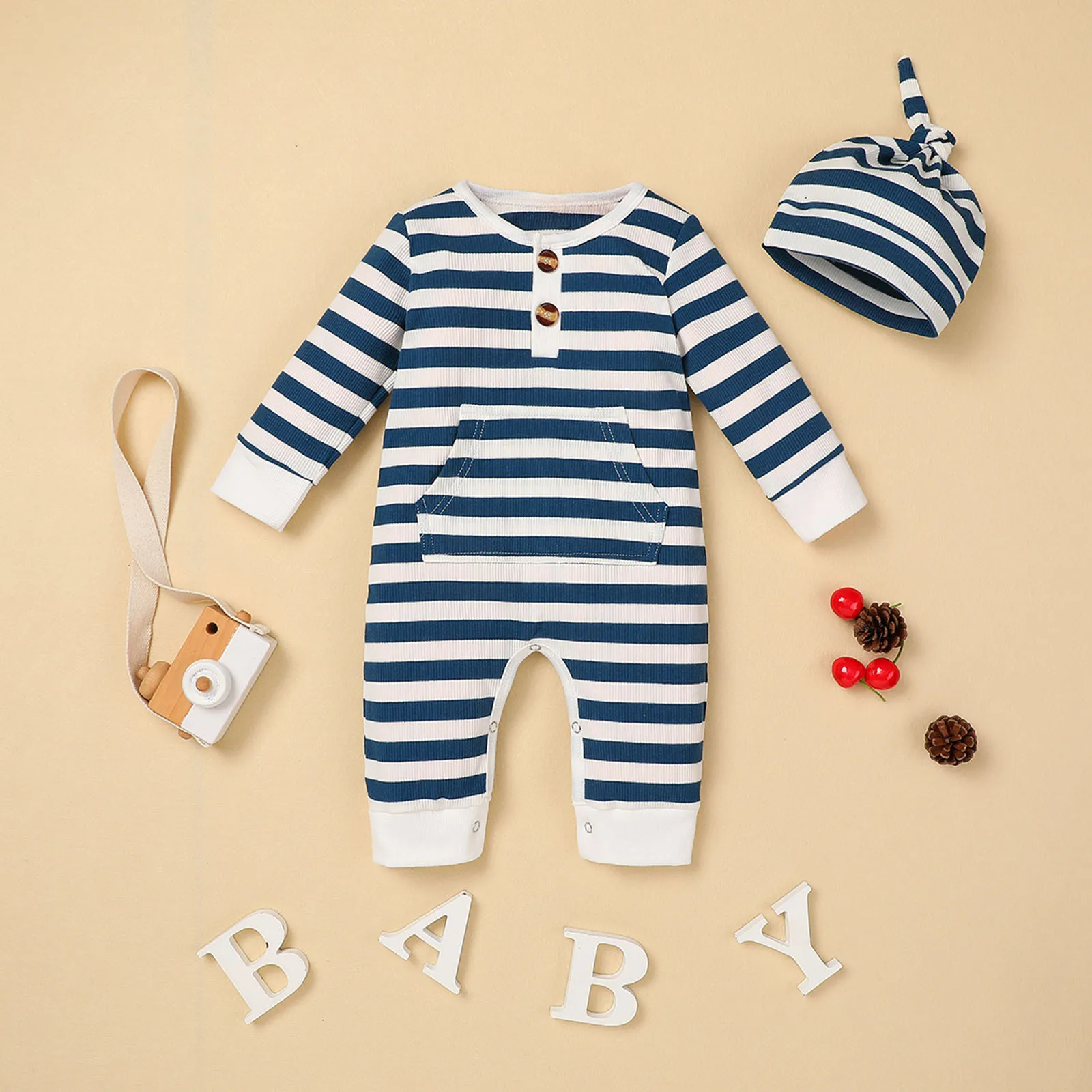 

Newborn Toddler Baby Girls Long Sleeve Solid Color Round Neck Striped Long Sleeve Small Pocket Jumpsuit Romper + Striped Hat Set