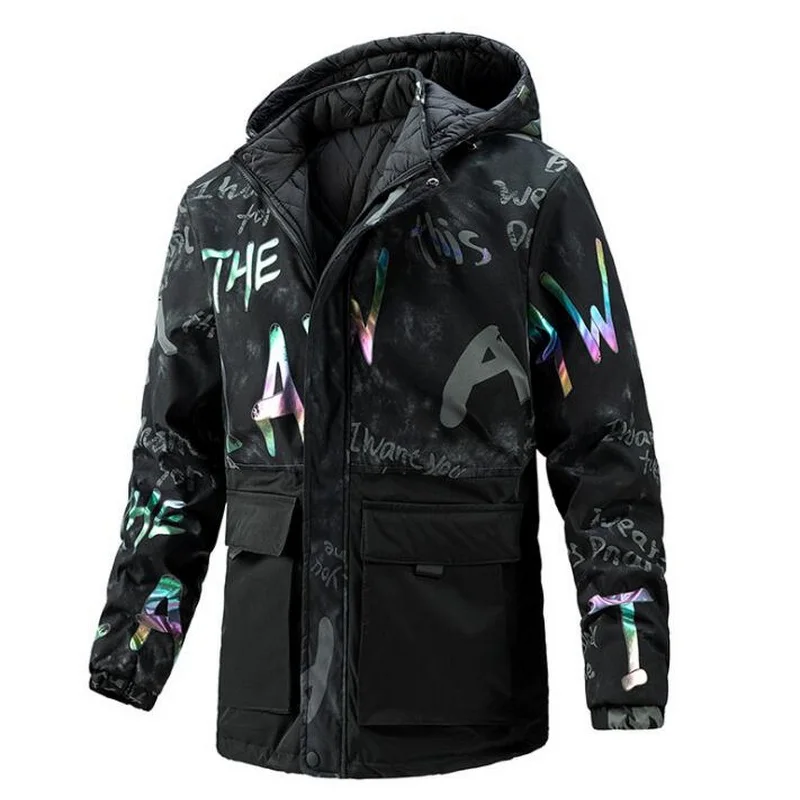 VXO Men's Parka Mid-Length Coat Graffiti Patchwork Camouflage Double-Sided Wear Jacket  Streetwear Winter Warm Outdoor Coat