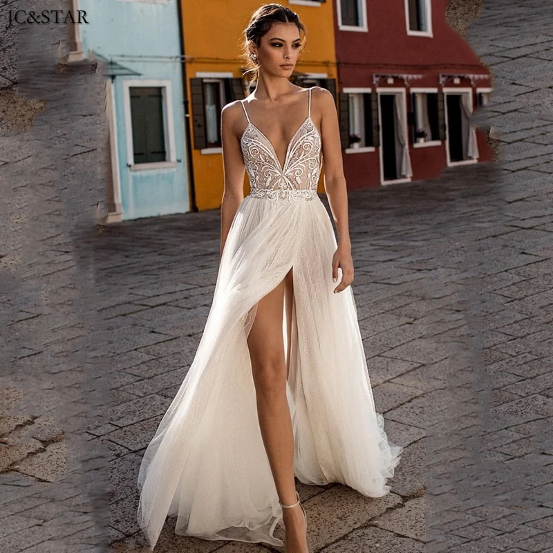 

Женское пляжное свадебное платье, с разрезом по бокам, ТРАПЕЦИЕВИДНОЕ, с жемчугом, свадебные платья с глубоким вырезом на спине