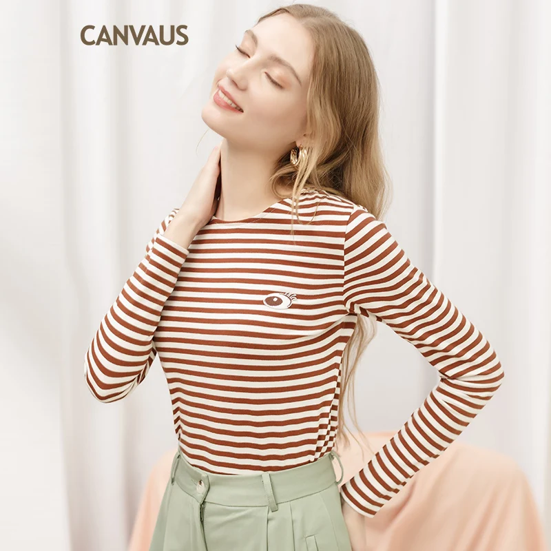 

Canvaus Striped T-shirt Casual Long Sleeve T Shirt Embroidery O-neck Women T-shirts Tee Top Spring Autumn F1164A