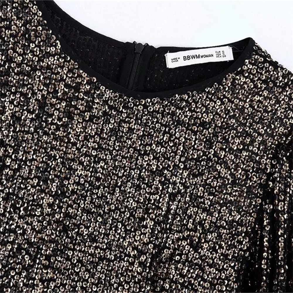 Женское Пышное мини платье Za с круглым вырезом и длинным рукавом контрастной