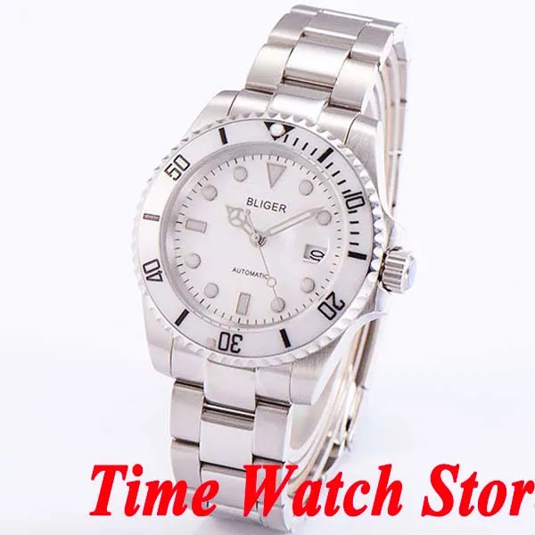 

Часы Bliger Miyota 8215 Мужские автоматические, 40 мм, стеклянные светящиеся часы saphire с белым циферблатом, водонепроницаемый браслет из нержавеющей ...