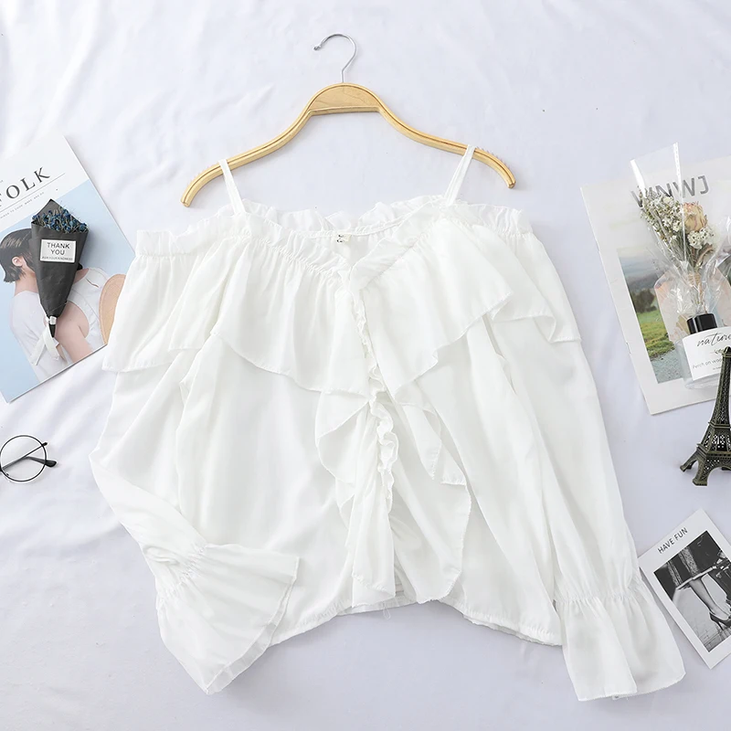 

Women's Blouses Sexy V Neck Strap Off-Shoulder Tops Spring Summer New Korean Ladies Shirt Ruffle Cover Long Sleeve Blouse Blusas