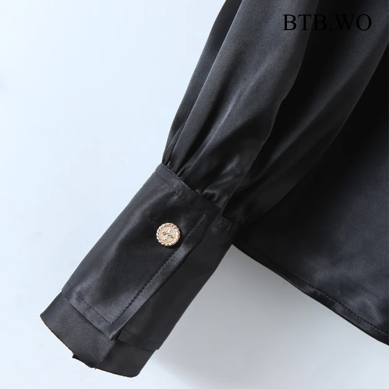 

BTB.WO Za Blouse Women Fashion Satin Shirt Turn down Collar Casual Long Sleeve Button-up Female Shirts Loose Tops