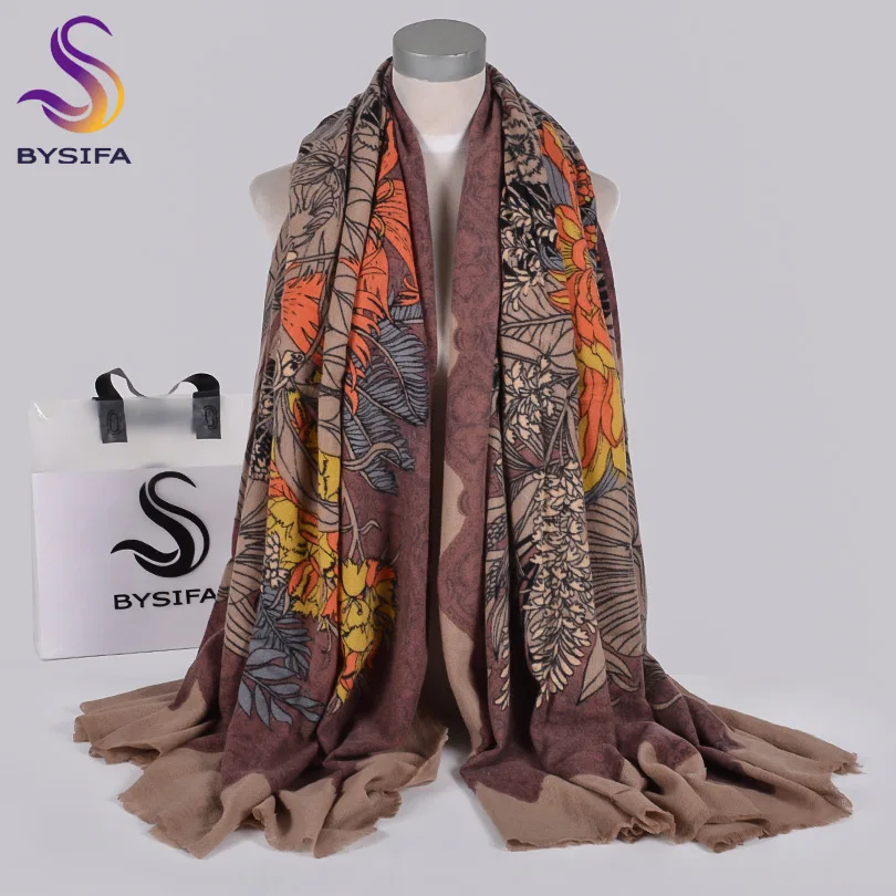 [BYSIFA] роскошный бренд, кофе, чистая шерсть, женские шарфы, пашмины, Осень-зима, хризантема, женский длинный шейный шарф, шаль 210*100 см