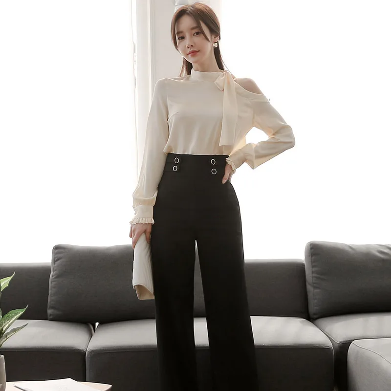 

2020 Autumn Office OL work Women Set Long sleeve Bow Top Shirt and High waist Long Pants Two Piece set Casual Outfit Suit