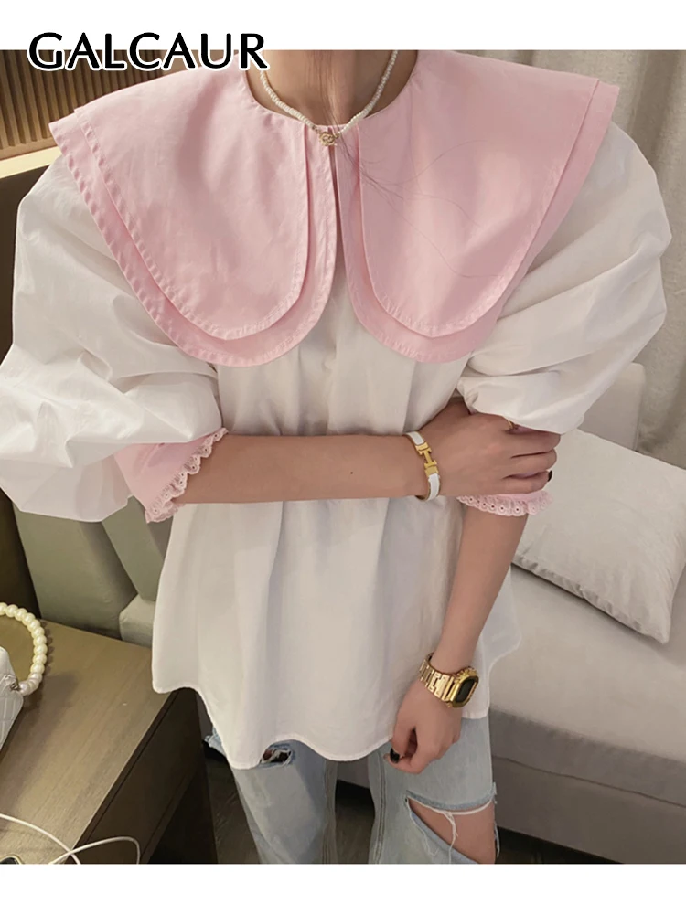 

Женская свободная рубашка GALCAUR, Повседневная Блузка с круглым вырезом и пышными рукавами, модная одежда в Корейском стиле, осень 2021
