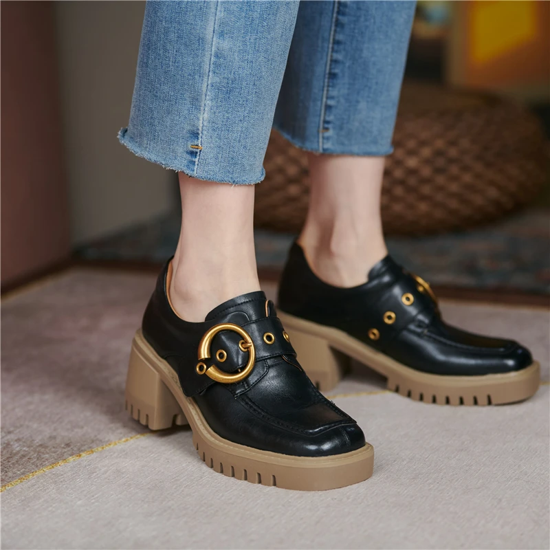 

VERCONAS New Metal Buckle Women Pump Classic Retro Square Toe Platforms Genuine Leather Autumn Thick Heels Casual Shoes Woman