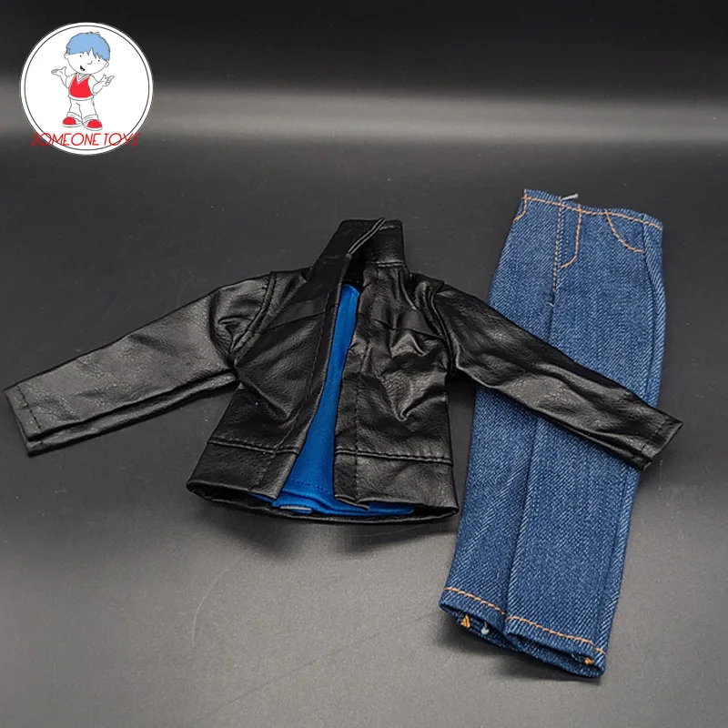 1/6 фигурка мужского солдата черная кожаная куртка белая синяя рубашка Джинсы