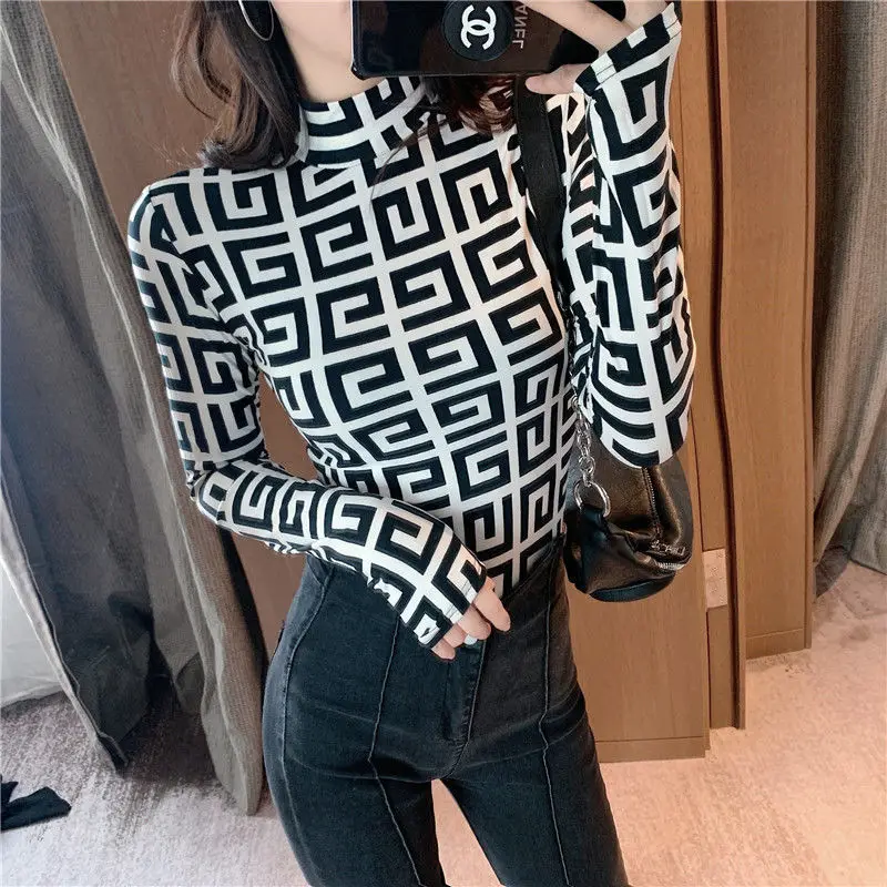 

Fashion Sexy Slim T-Shirts Pullover Bottoming Shirt Printing High Neck and Long Sleeves Autumn New Unique Design Elegant Top