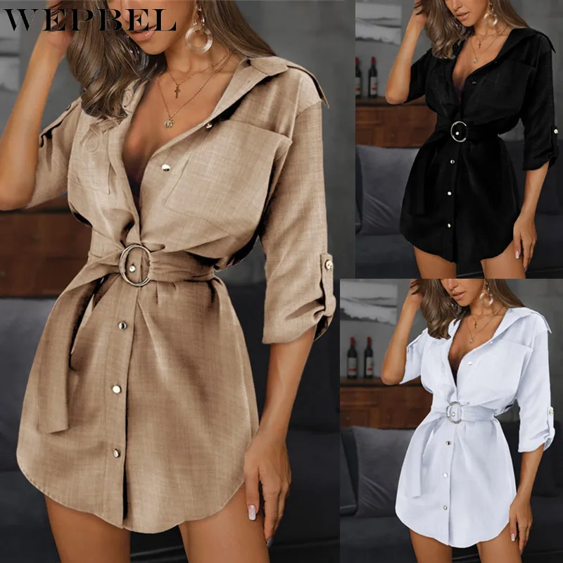 

WEPBEL Summer Solid Color Single-Breasted Slim Dress Women's Casual Long Sleeve V-neck Lace-up Irregular Shirt Dress