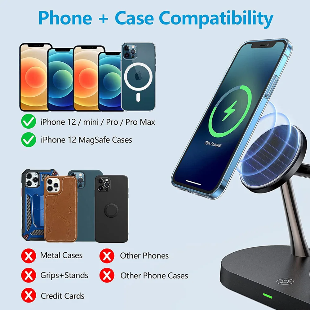 Cargador inal&aacute;mbrico 3 en 1 para iPhone 12 Pro Max, soporte magn&eacute;tico para tel&eacute;fono, Apple Watch, Airpods Pro, cargadores inal&aacute;mbricos de inducci&oacute;n-5