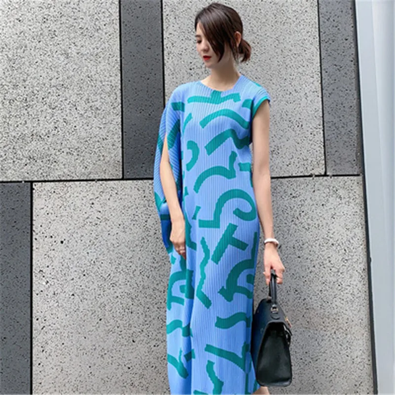 

Miyake Pleated Dress 2022 Ladies Summer New Style Short-sleeved Fashion Printing Loose Large Size A-line Dress Women's Clothing