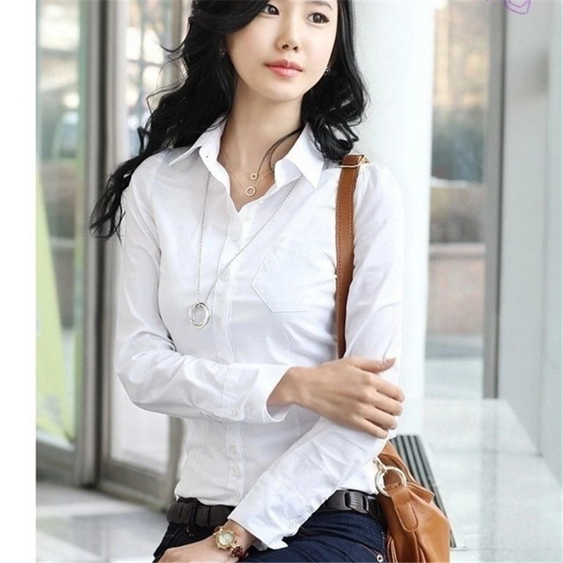 

2021 New Fashion Summer Qualities Women's Office Lady Formal Party Long Sleeve Slim Collar Blouse Casual Solid White Shirt Tops
