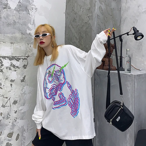 Белый Skull Print Harajuku Hoodie Sweatshirt Casual Hoodies Women Oversized Polyester Cotton Winter Coat Halloween Long Sleeve V557 - Цвет: Белый