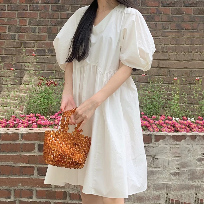 

2021 New Summer Fashion Simple Thin Vestidos Female V-neck Loose Solid Color All-match Puff Sleeve Midi Dress KK227
