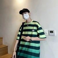 striped t shirt mens short sleeved loose couple outfit hong kong style wild ins tide with half sleeve oversize undershirt tide