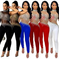 sexy sheer mesh patchwork diamonds jumpsuit for women long sleeve see through bodycon romper night club party one piece 2021