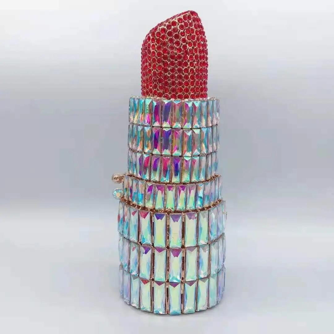 

Lipstick Shape Silver Crystal Bag Clutch Luxury High Quality Women’s White Rhinestone Party Dinner Purses Prom Messenger Wallets