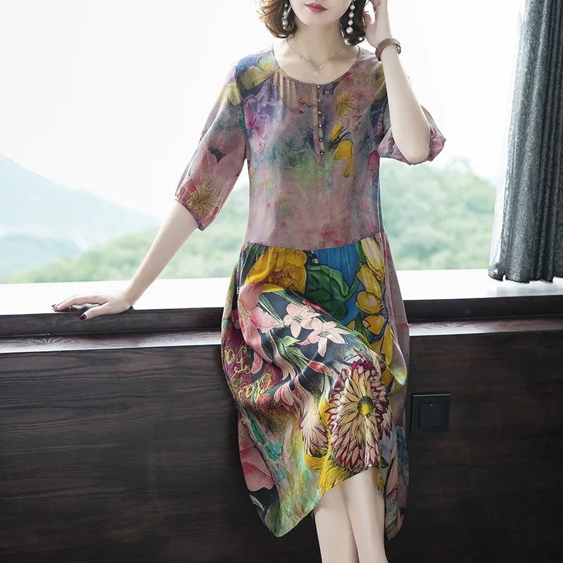 

Silk dress female summer new retro stitching O-neck print dress large size M-4XL high quality fashion elegant casual vestidos