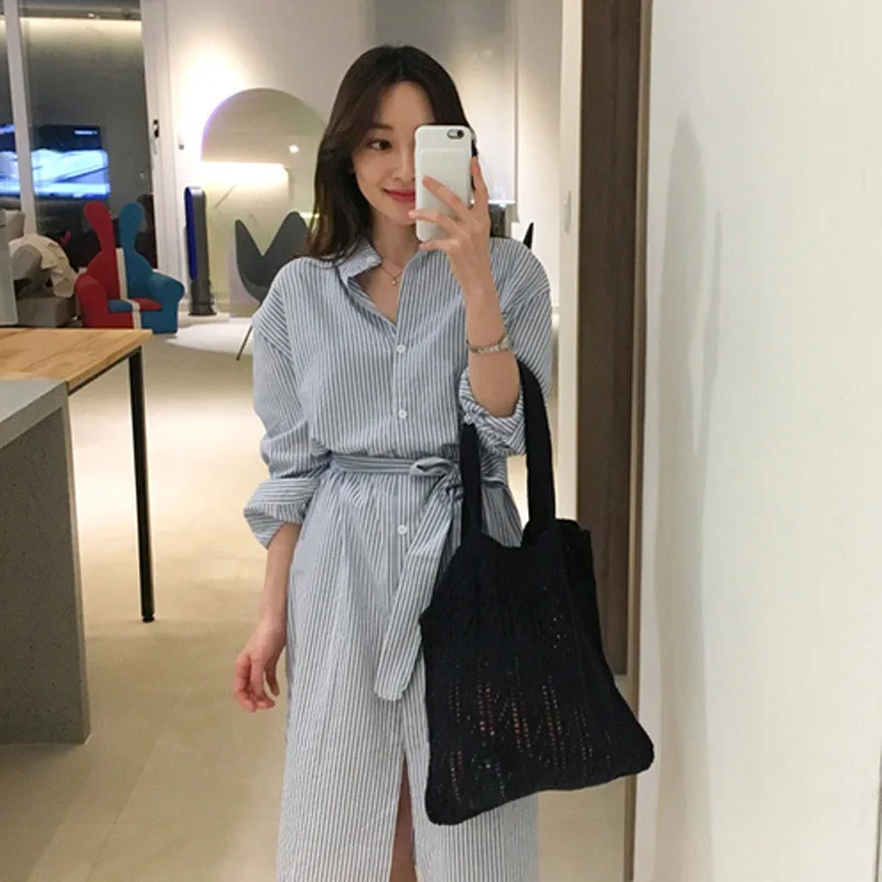 

2021 Women Dresses Spring Autumn Elegant Casual Striped Shirt Dress Cotton and Linen Lace Up Single Breated Girls Summer