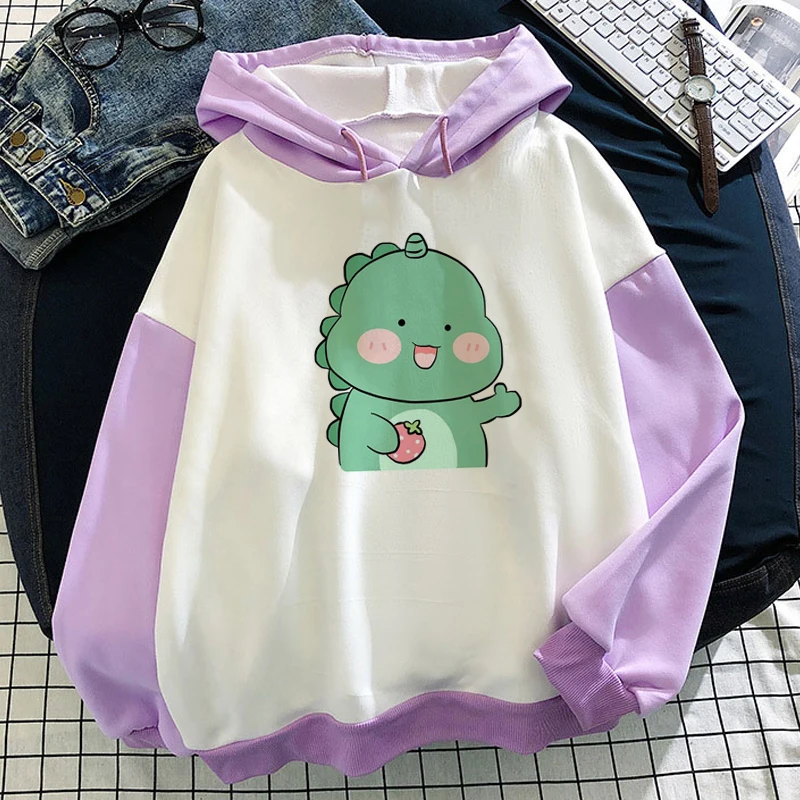Kawaii Dinosaur Harajuku Cute Sweatshirts With Hoodies Fashion Women Casual Print Splicing Long Sleeve Casual Tops 2021 Winter