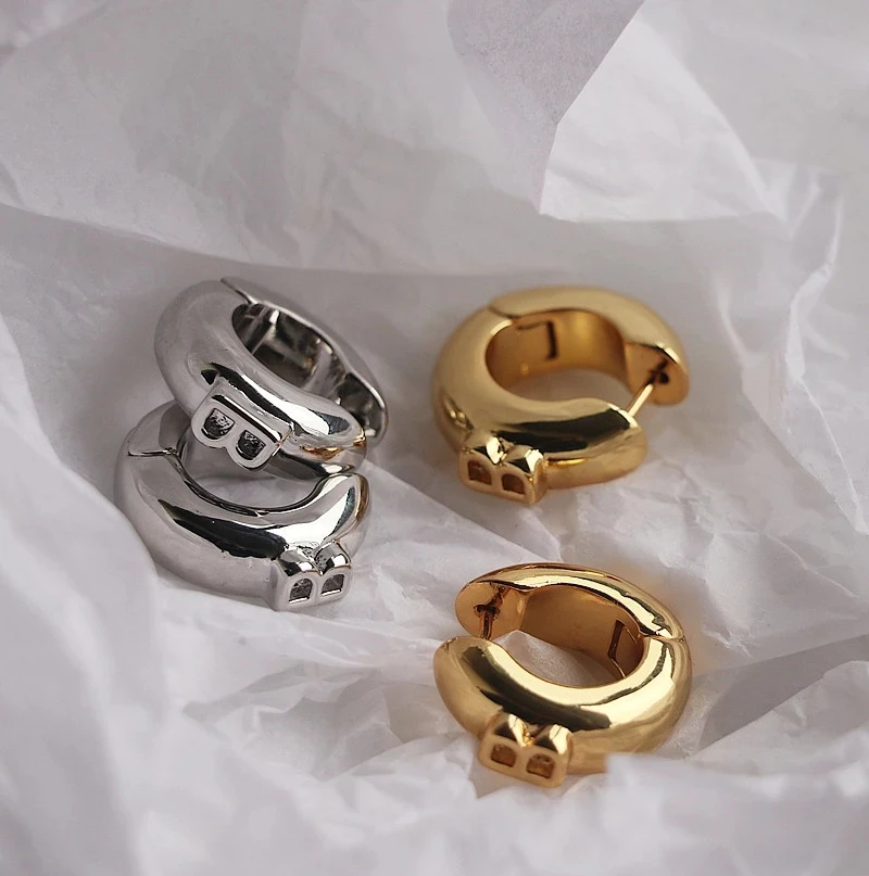 

Rainbery Double Decker Protruding B Hoop Earrings Small Chunky Wide Earring Hoops Statement Trendy Unusual Earrings For Women