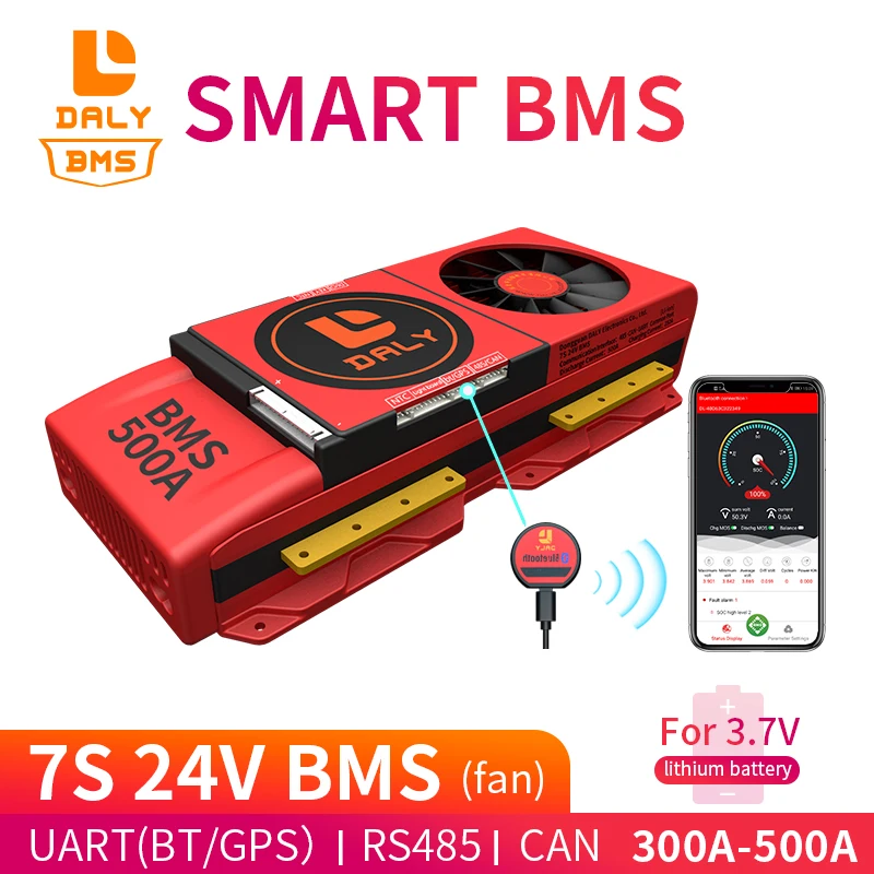 

smart BMS 7S 24V 300A 400A 500A Bluetooth 485 to USB device CAN NTC UART software Li-on Battery protection Board BMS With Fan