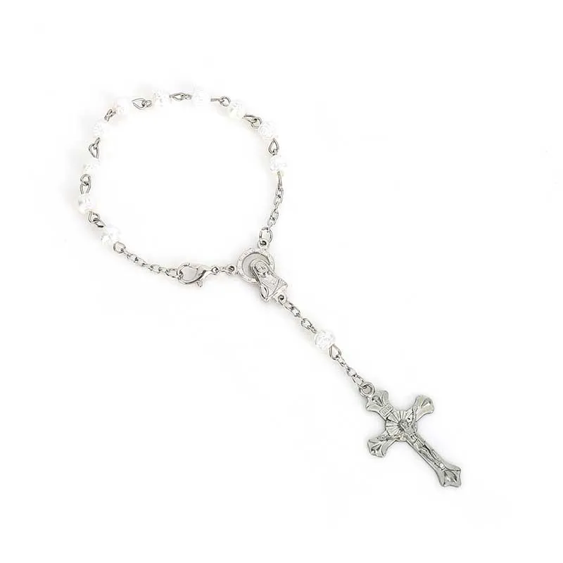Миниатюрный католический четки браслет из белого жемчуга 8 мм с бусинами для