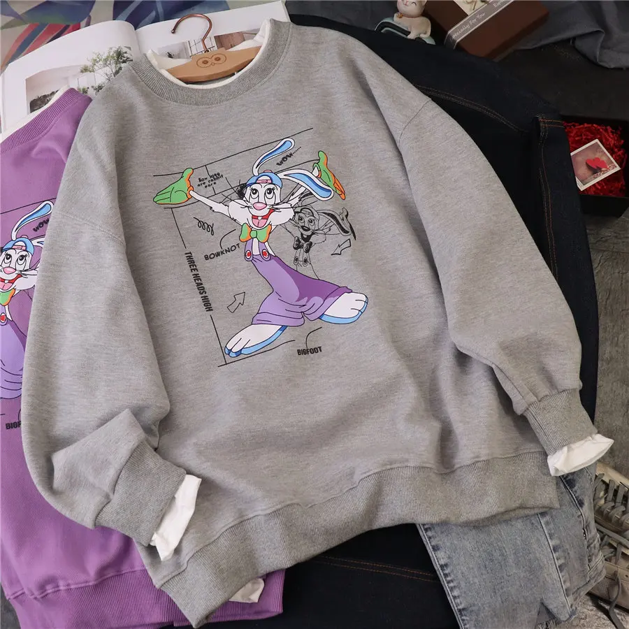 

Korean Style Small Letter Rabbit Cartoon Loose False Two Pieces Double-Layer Collar Pullover for Women Spring sweatshirt