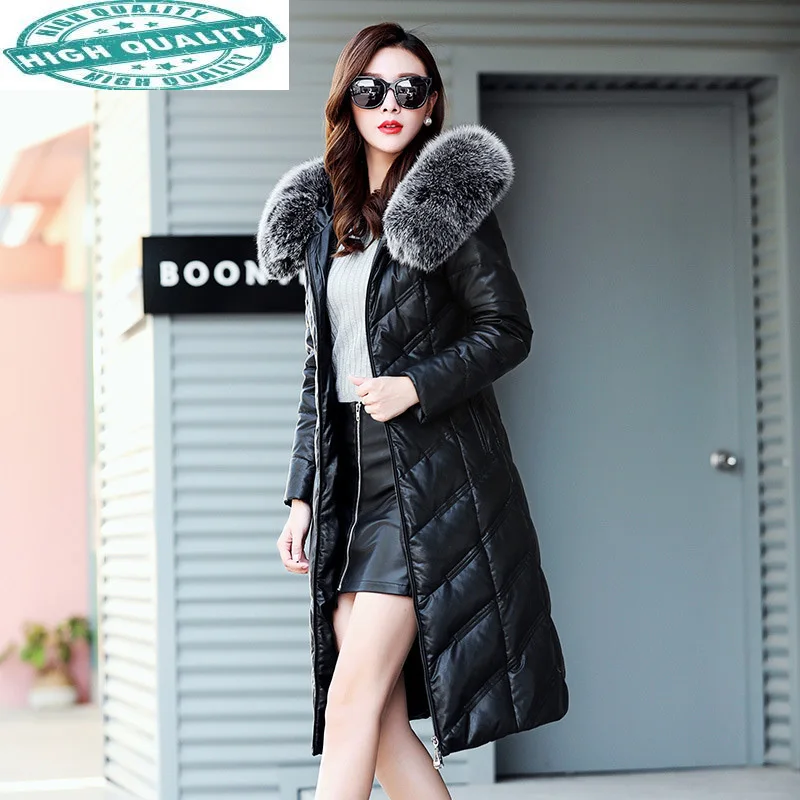 Женский длинный пуховик из натуральной кожи с воротником лисьего меха | Женская