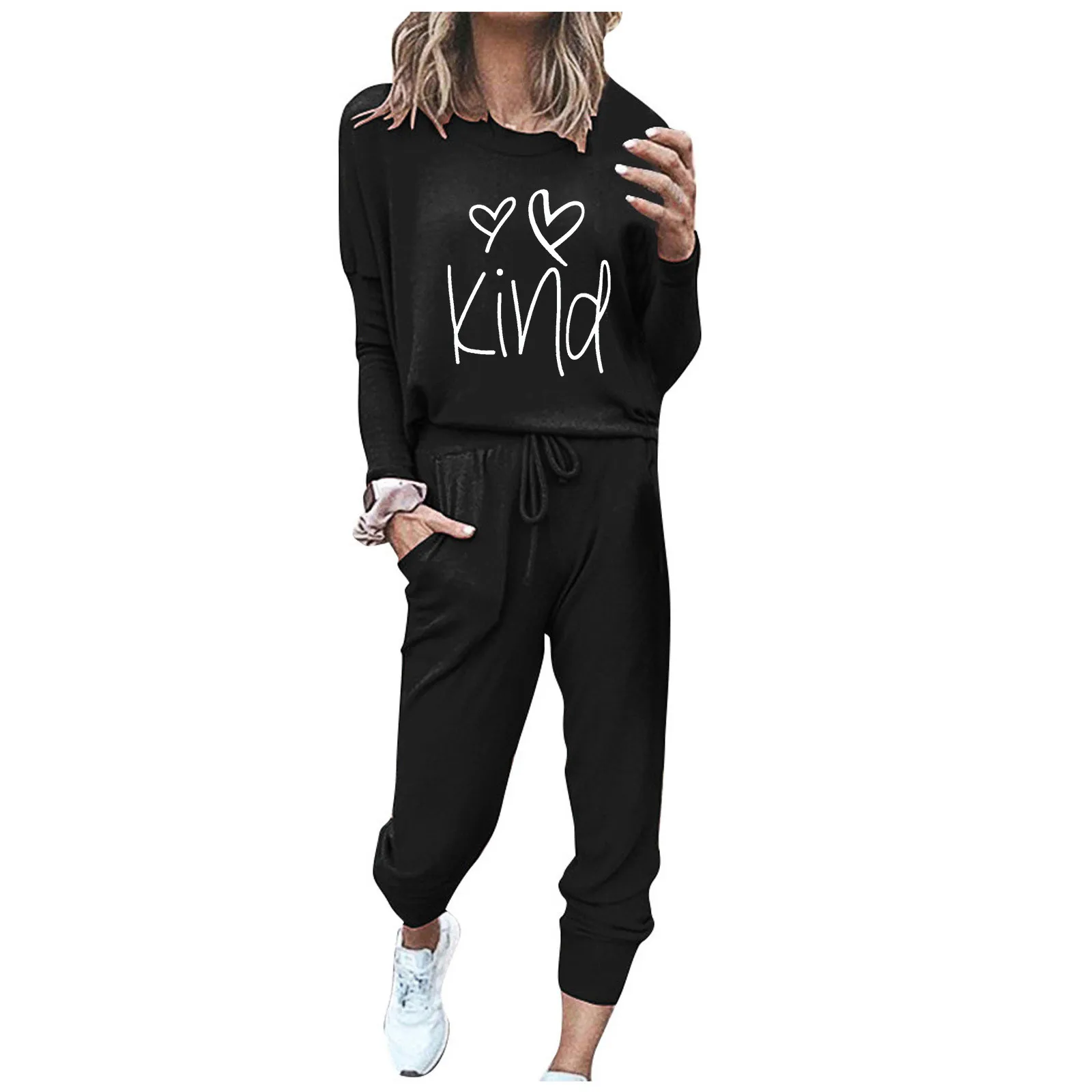 Женский свободный пижамный комплект из 2 предметов пуловер с длинным рукавом и