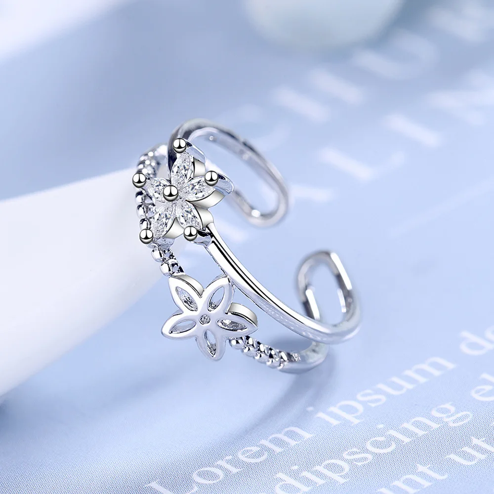 

925 Sterling Silver Double Layer Zircon Flower Finger Rings For Women Girls Statement Wedding Jewelry Adjustable Size jz478