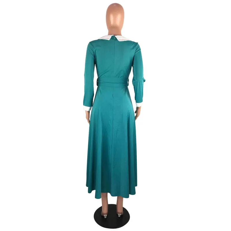 

Elegant Solid Office Dress Women Long Sleeve Peter Pan Collar Belt Plus Size Vestido 2021 Spring Fit and Flare Long Causal Dress