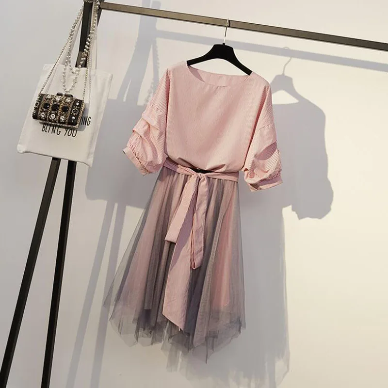 4XL Plus Size Women's Skirt Sets 2020 New Summer Casual Stripe Top &amp Chiffon Two Piece Set Lady Girl Elegant Suits |