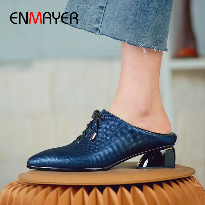 

ENMAYER 2019 Basic Party Pointed Toe Genuine Leather High Heels Lace-Up Ladies Shoes Square Heel Bling Womens Shoes Size 34-42